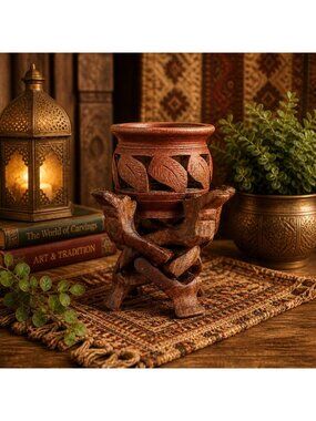 Hand Carved Wooden Camel Stand Bowl Set Boho Tribal Decor Rustic Global Artwork